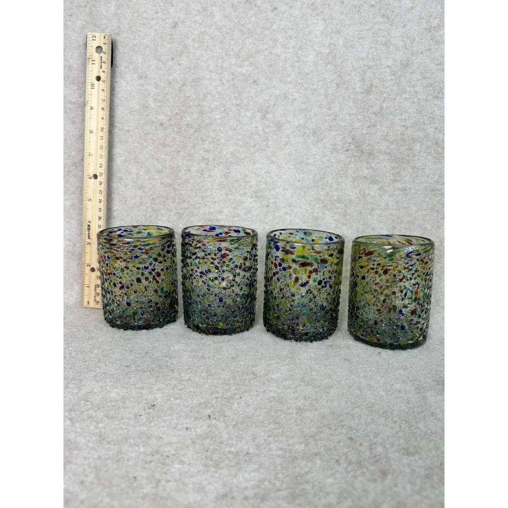 Set Of 4 Confetti Lowball Glass Tumblers Thick Textured Recycled Mexico